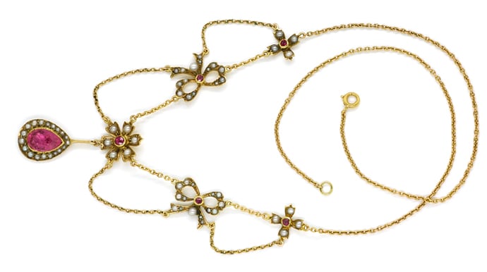 Foto 1 - Antikes Jugendstil Gold-Collier mit Rubin, Perlen, Q1976